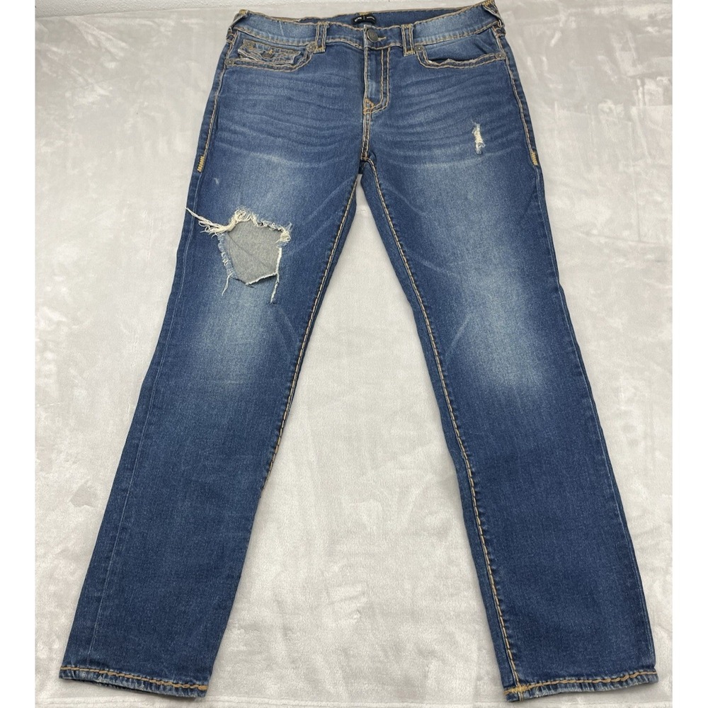 True Religion Jean Men 38 Blue Wash Geno Flap Super T Relaxed Slim Distressed